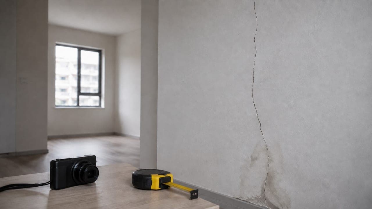 ترک و نمزدگی دیوار آپارتمان در کنار متر و دوربین برای ثبت وضعیت پیش از تعمیر